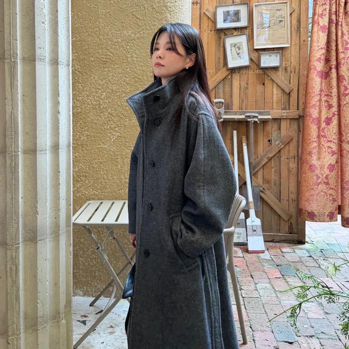 [차지혜PICK] 캐시미어 하이넥 싱글 롱 코트 차콜