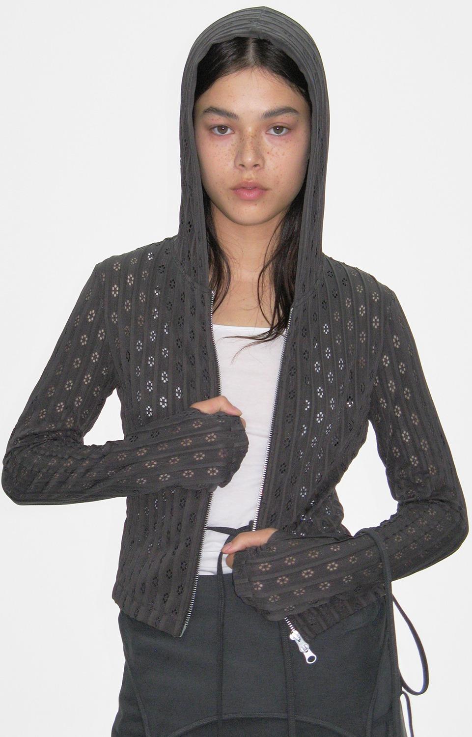 TRIMMED ZIP-UP HOODIE, CHARCOAL