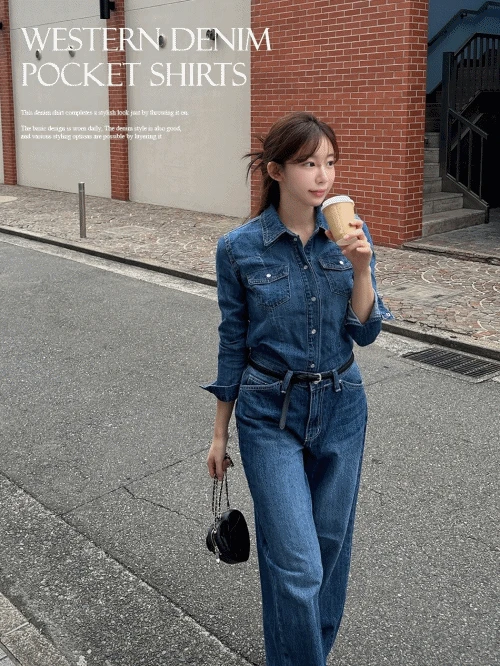 웨스턴 데님 포켓 셔츠