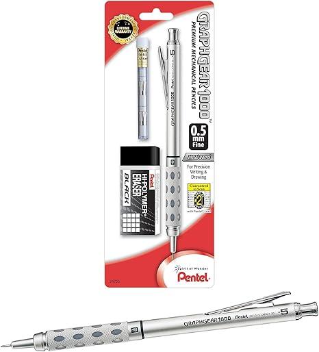 Pentel GraphGear 1000 샤프 0.5mm 프리미어 제도 키트, 연필 1개, 지우개 리필 튜브 1개, 지우개 1개(PG1015EBP)