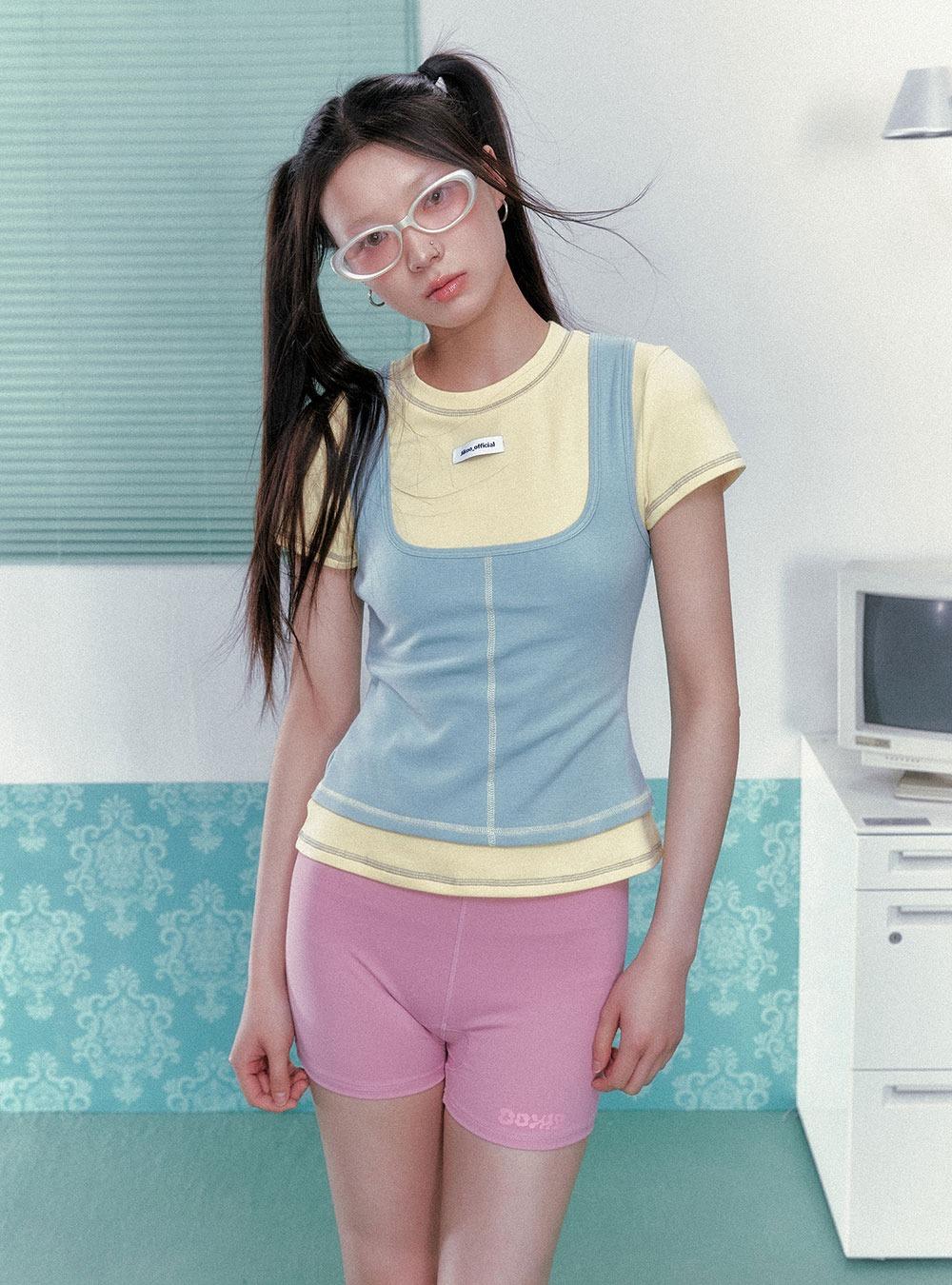 Stitch slim fashion round neck top T-shirt