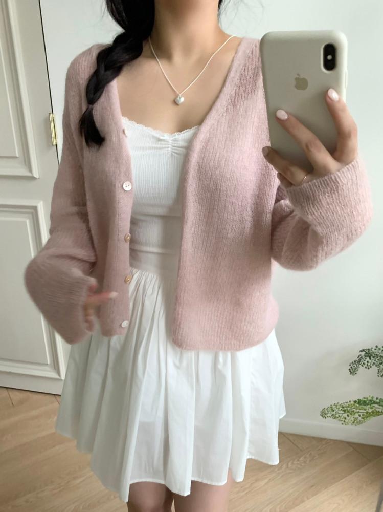 모헤어 파스텔 가디건 (3color) 여리핏 브이넥 여성봄가디건 : 인어로브