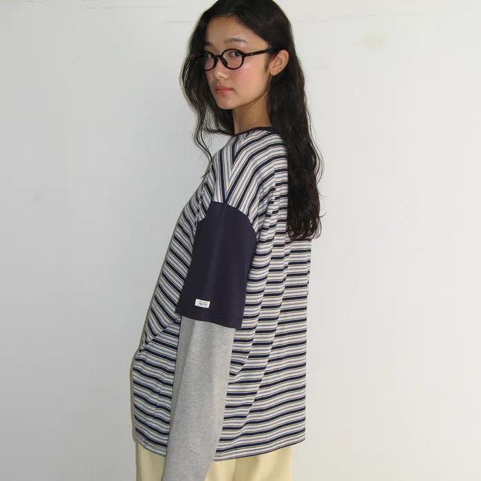 COLOR BLOCK STRIPE LAYERED LONG SLEEVE NAVY