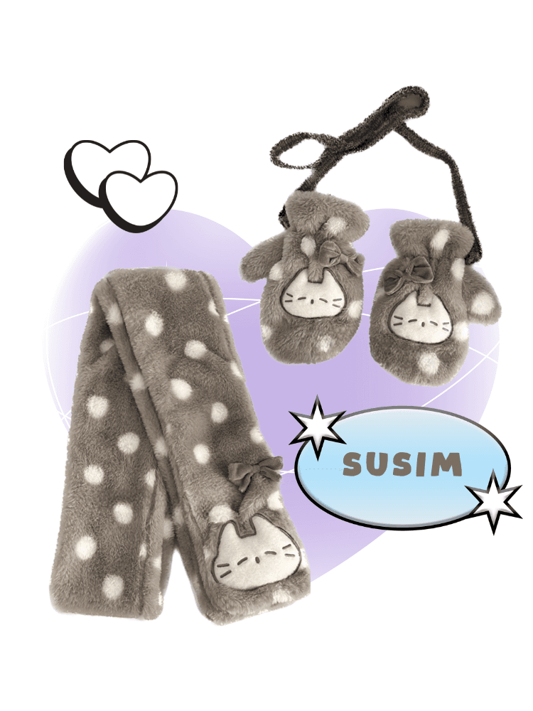 (한정) 수심 Grey Meow Muffler/ Gloves 고양이 머플러 장갑 그레이 목도리