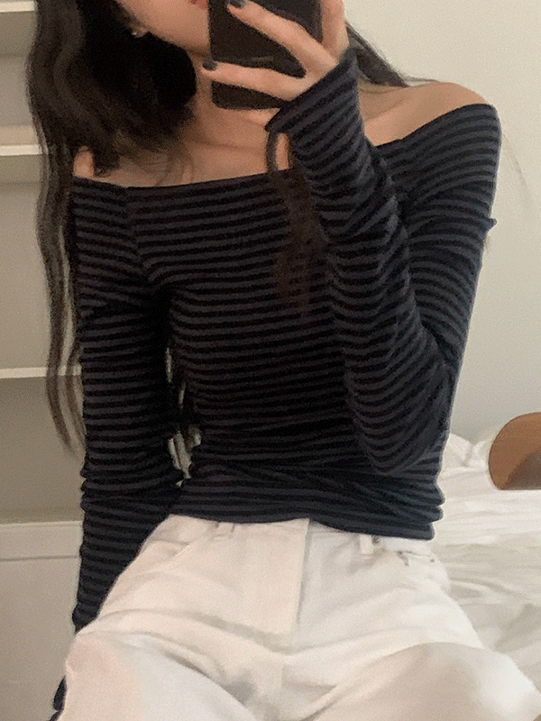 나이니 [후기보장/승모근커버/누적1만장] 멜버른 단가라 스트라이프 오프숄더 티셔츠(반팔/긴팔/여름/간절기/봄/가을/꾸안꾸/심플/베이직/기본/스쿨/룩)