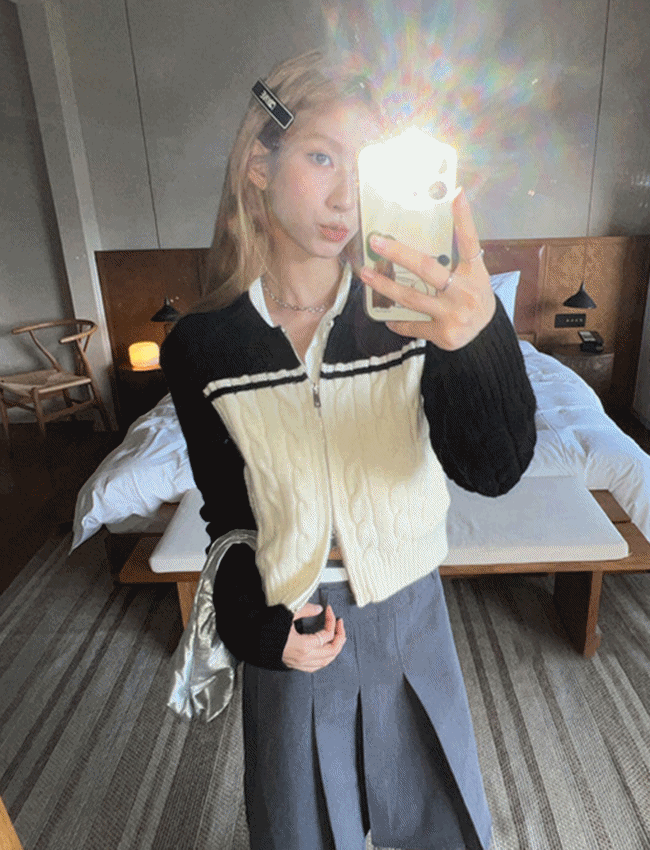 꽈배기 패턴 배색 니트 집업 (2color)