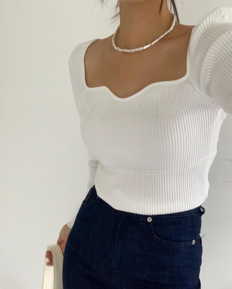 [베이지 당일배송/화이트일주일소요] 물결 긴팔 웨이브 골지 니트 티셔츠