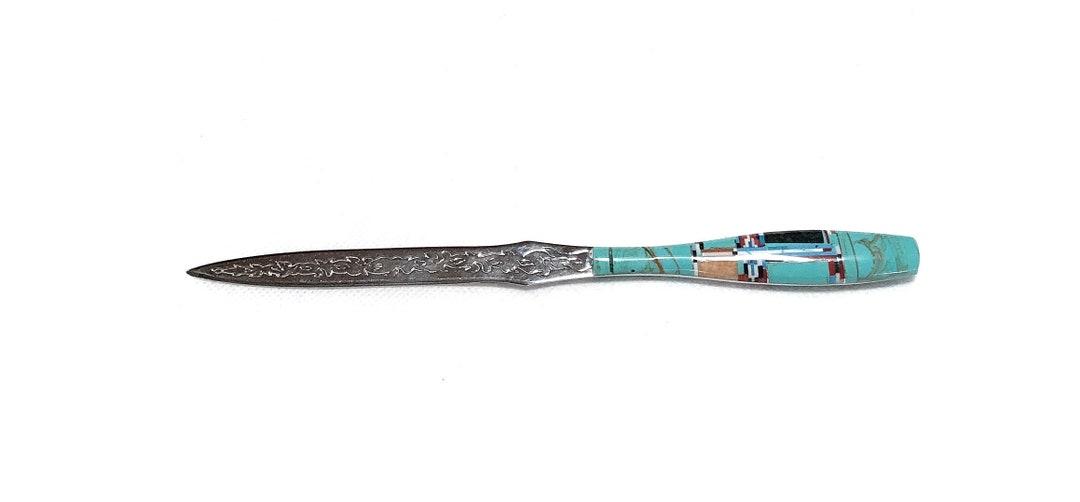Turquoise Inlay Double Sided Letter Opener - Multicolor Inlay Stones - Stainless Steel Knife