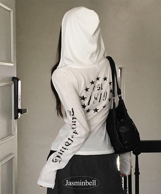 자스민벨 [레터링/힙무드🕶️] 리노 레터링 프린팅 후드 스냅버튼 긴팔 티셔츠 백레터링 팔뚝커버 여리 슬림핏 유니크 힙무드 데일리 캐주얼