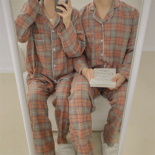 [커플] 포근 체크 긴팔 파자마 잠옷세트