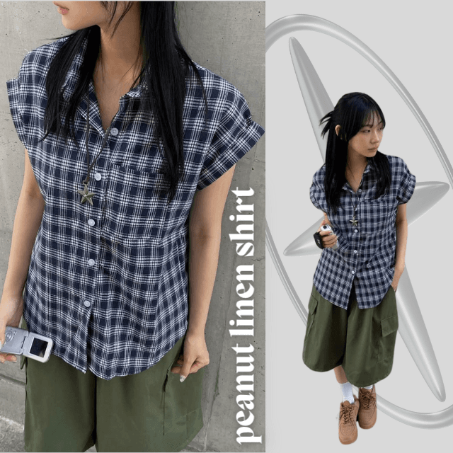 무드라벨 [여름신상/긱시크] 체크 포인트 빈티지 롤업 반팔 셔츠