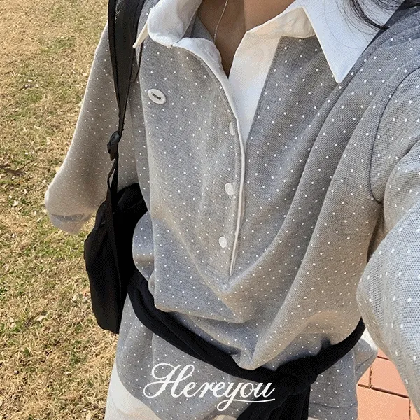 * 주문폭주/여유주문 * [here you] 케이키 도트 카라 T - 2color (땡땡이/루즈핏/배색/럭비티/봄티셔츠/러블리/패턴)