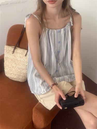 블루 스트라이프 홀터넥 나시