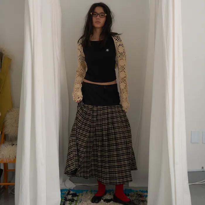 Plaid Layer Long Skirt / Black