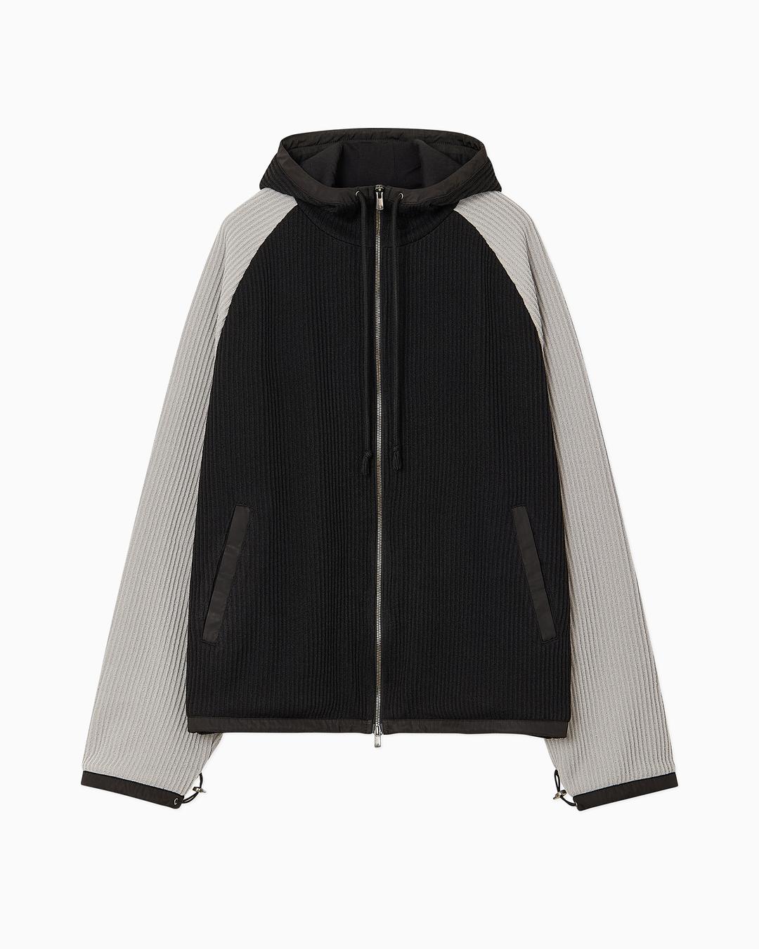 WOVEN BINDING KNIT HOODED ZIPUP / BLACK GRAY