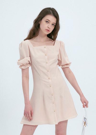 wavy puff square neck dress beige