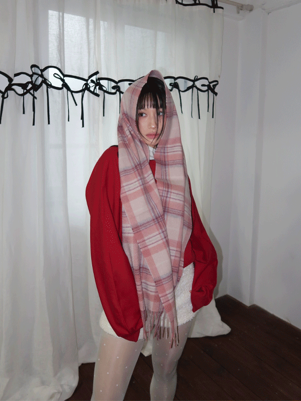 [울100%] pink check muffler