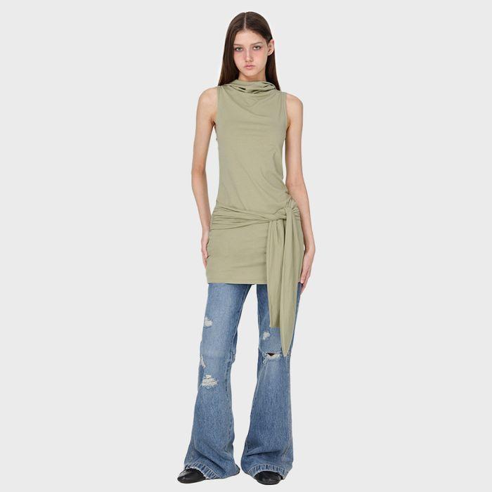 Tie Sleeveless Hoodie One-Piece, SAGE GREEN