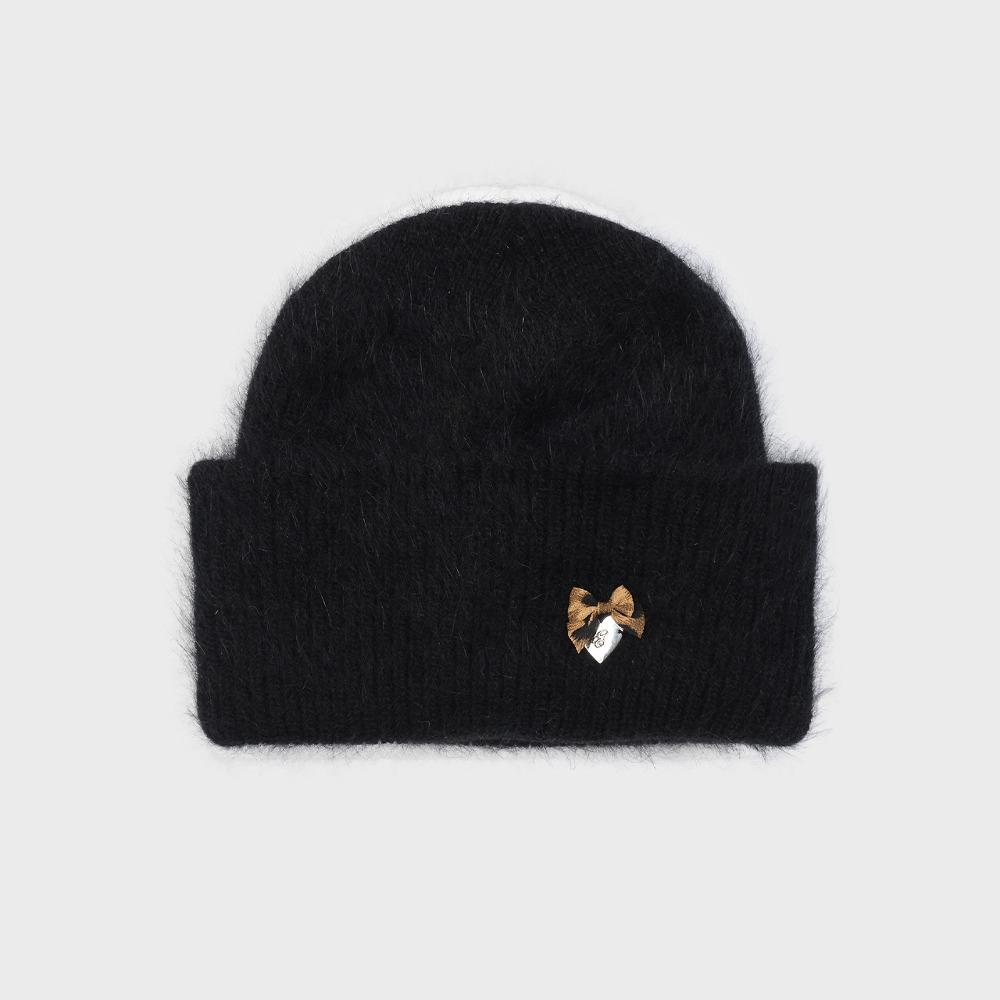 LEOPARD BOW ANGORA BEANIE (BLACK)