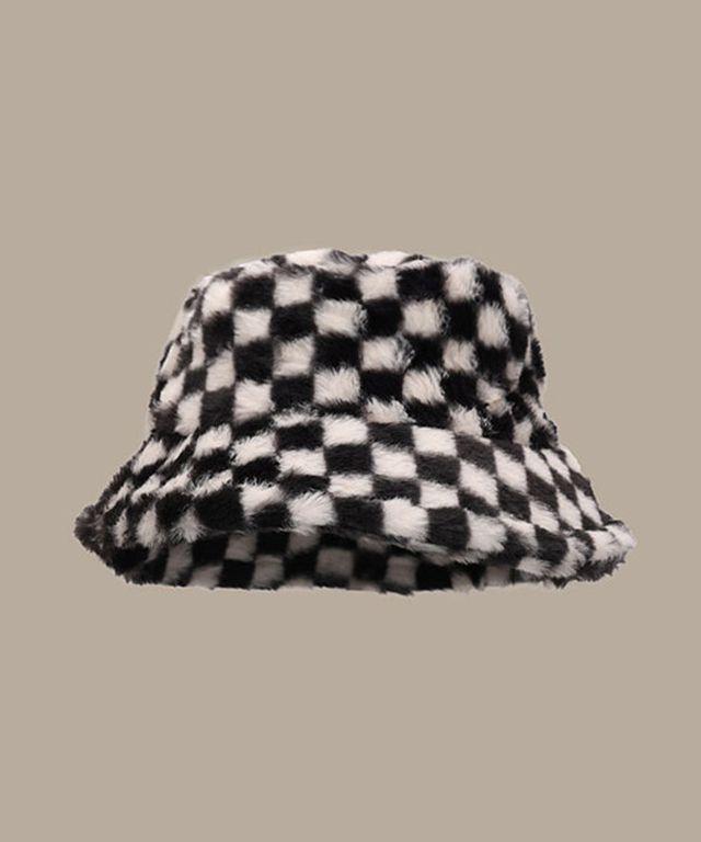 체커보드 보아털 버킷햇 벙거지모자