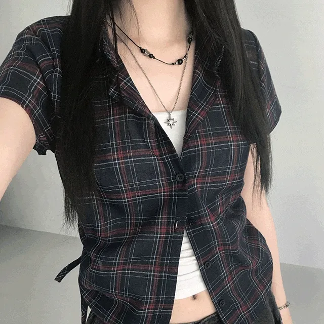 [Y2K]빈티지 체크 셔링 거즈 반팔 남방 셔츠 2color