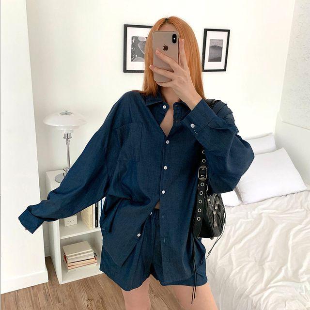 [세트가격] 데님 긴팔 셔츠 밴딩 팬츠 세트 청 반바지 투피스 간절기 캐주얼 -BPST0121- 빅사이즈 루즈핏 오버핏 봄 가을