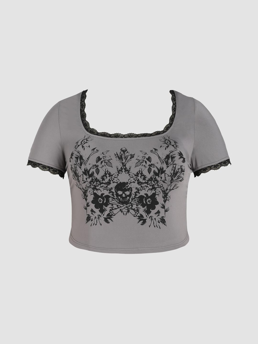 Curve & Plus Graphic Print Lace Baby Tee