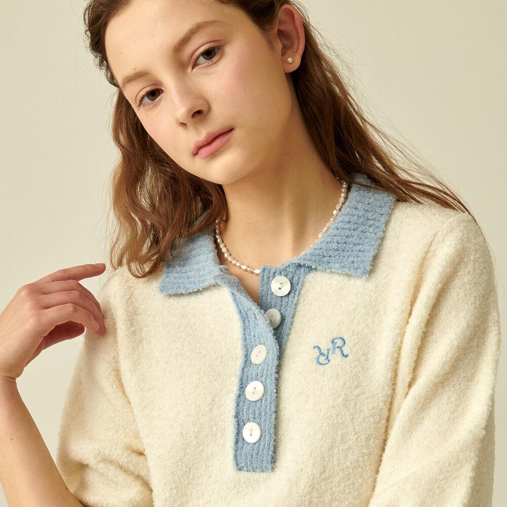 BUTTON COLLAR KNIT IVORY BLUE