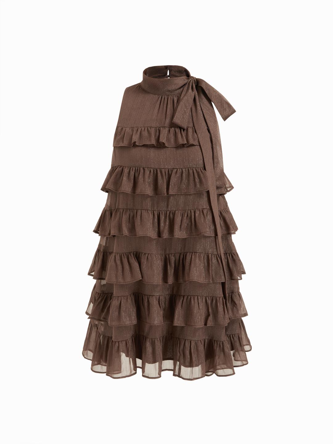 Stand Collar Ruffled Bowknot Tiered Mini Dress