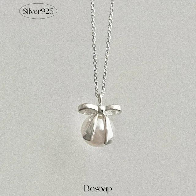 [인기!][당일발송] Pearl ribbon necklace /실버 925 리본 진주 러블리 발레코어 여리 하객룩 순은 목걸이