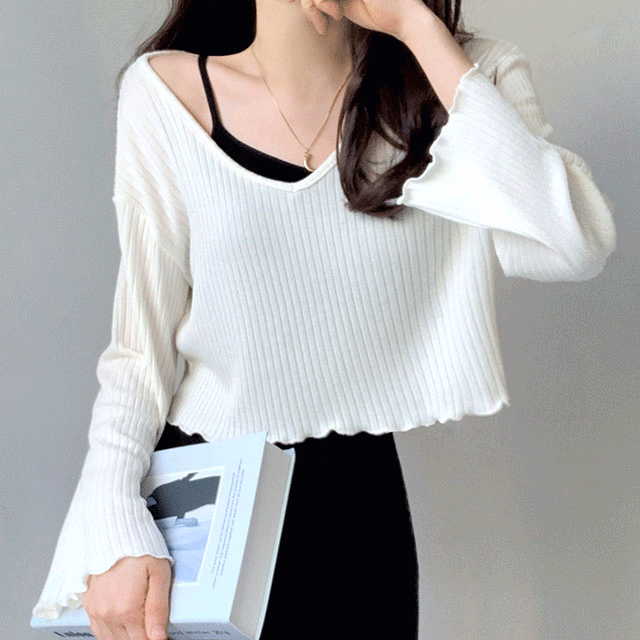 [물결 크롭티] 여리한 루즈핏 크롭 골지 브이넥 오버 니트