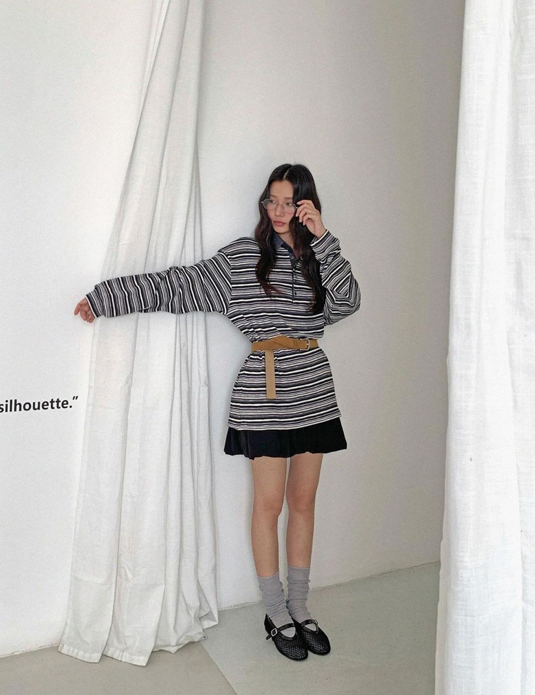 (woman) 믹스드 카라 롱슬리브티_Charcoal