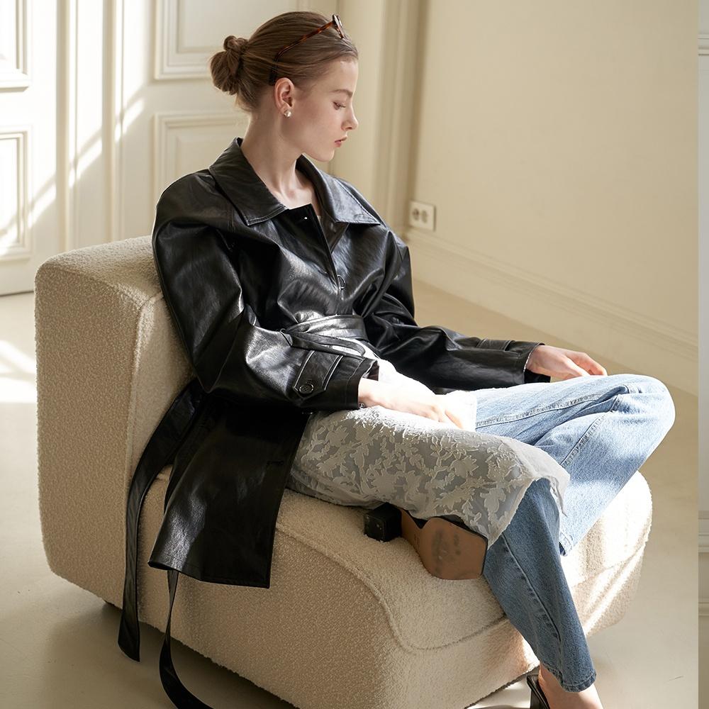 24 coco leather half trench coat BK