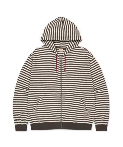 [HOME ALONe] Striped Waffle Zip Up Hoodie Brown