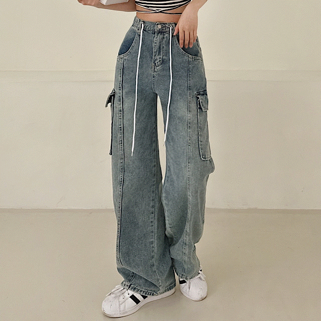 [S-XL 허리밴딩!/힙해!] 스트링 카고 데님 와이드 팬츠