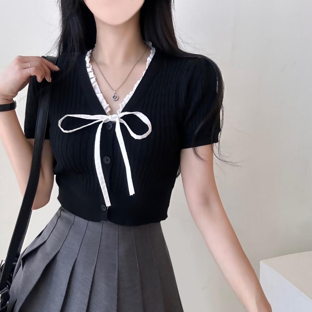 데일리유 [러블리무드/핏예쁨*.*/무료배송] 엘리나,리본 꽈베기 브이넥 크롭 반팔 니트 가디건 [4color]