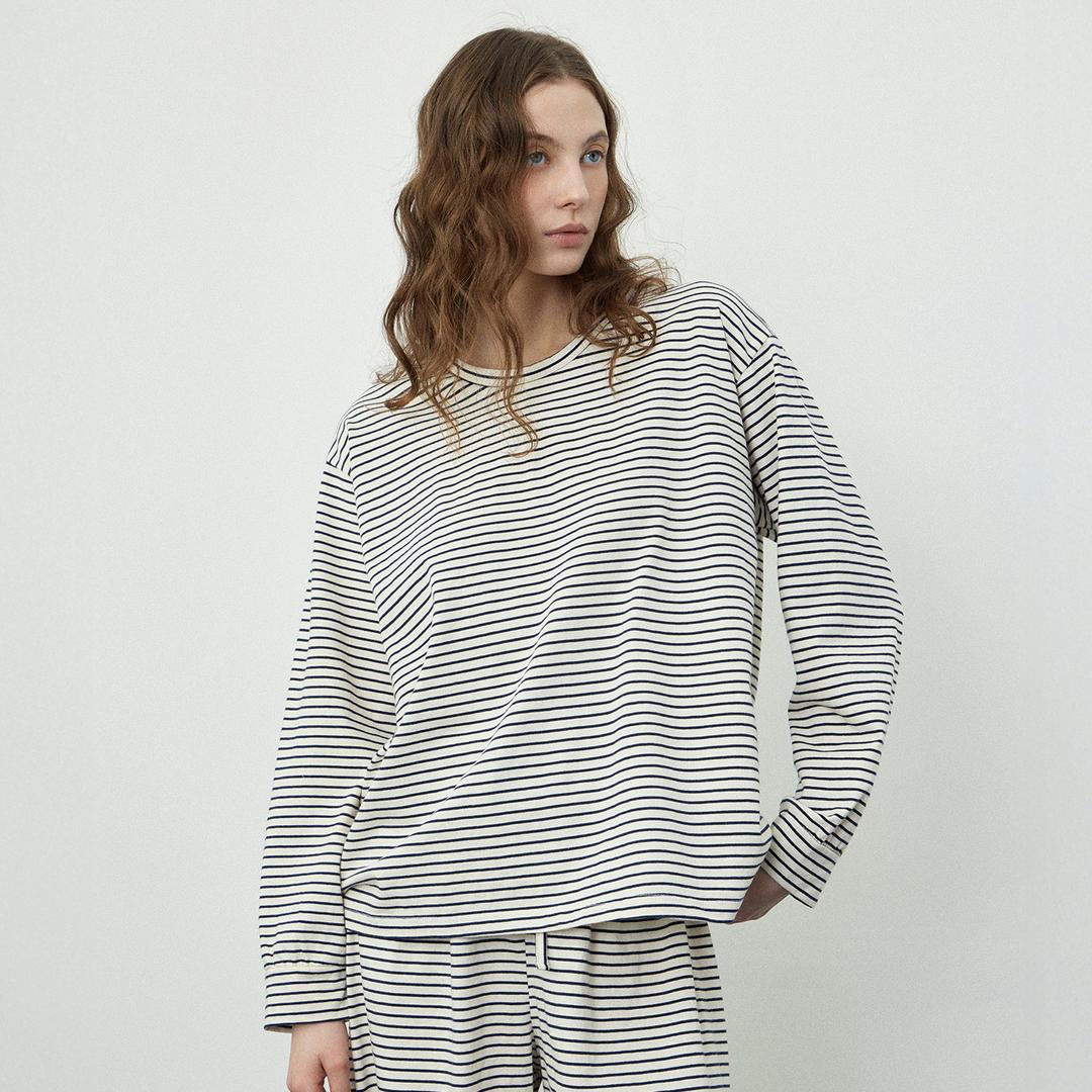 스프링 스트라이프 여성 잠옷 세트 홈웨어 파자마 네이비ST