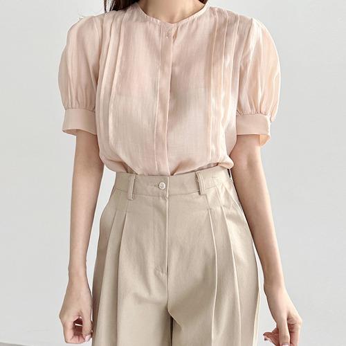 퍼프 핀턱 실키 반팔 블라우스