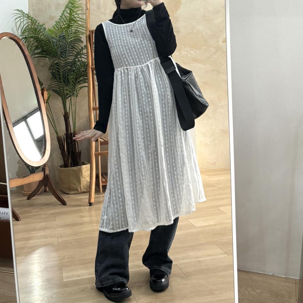 [체형커버/사계절] 레이스 시스루 레이어드 원피스 : 식스앤식스 SIXNSIX