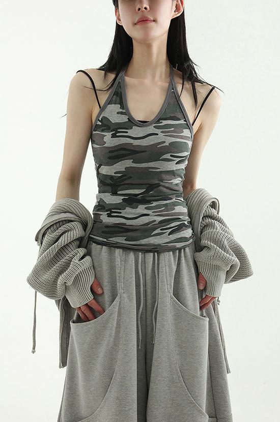 camo pattern halter neck sleeveless top