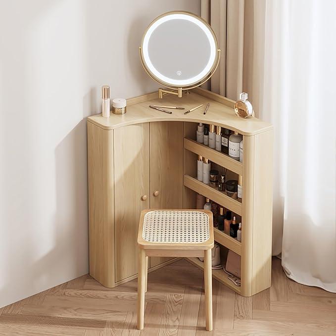 Dresser Vanity Table Mirror Vanity Round 360° Rotating Mirror Corner Dressing Table Dresser Vanity with LED Mirror Light 3 Color Adjustable Lights Modern Dressing Table for Bedroom with Open Storage