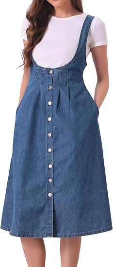 Allegra K Suspender Dress for Women's Button Front Classic U Neck Overall Denim Midi Dress with Pockets