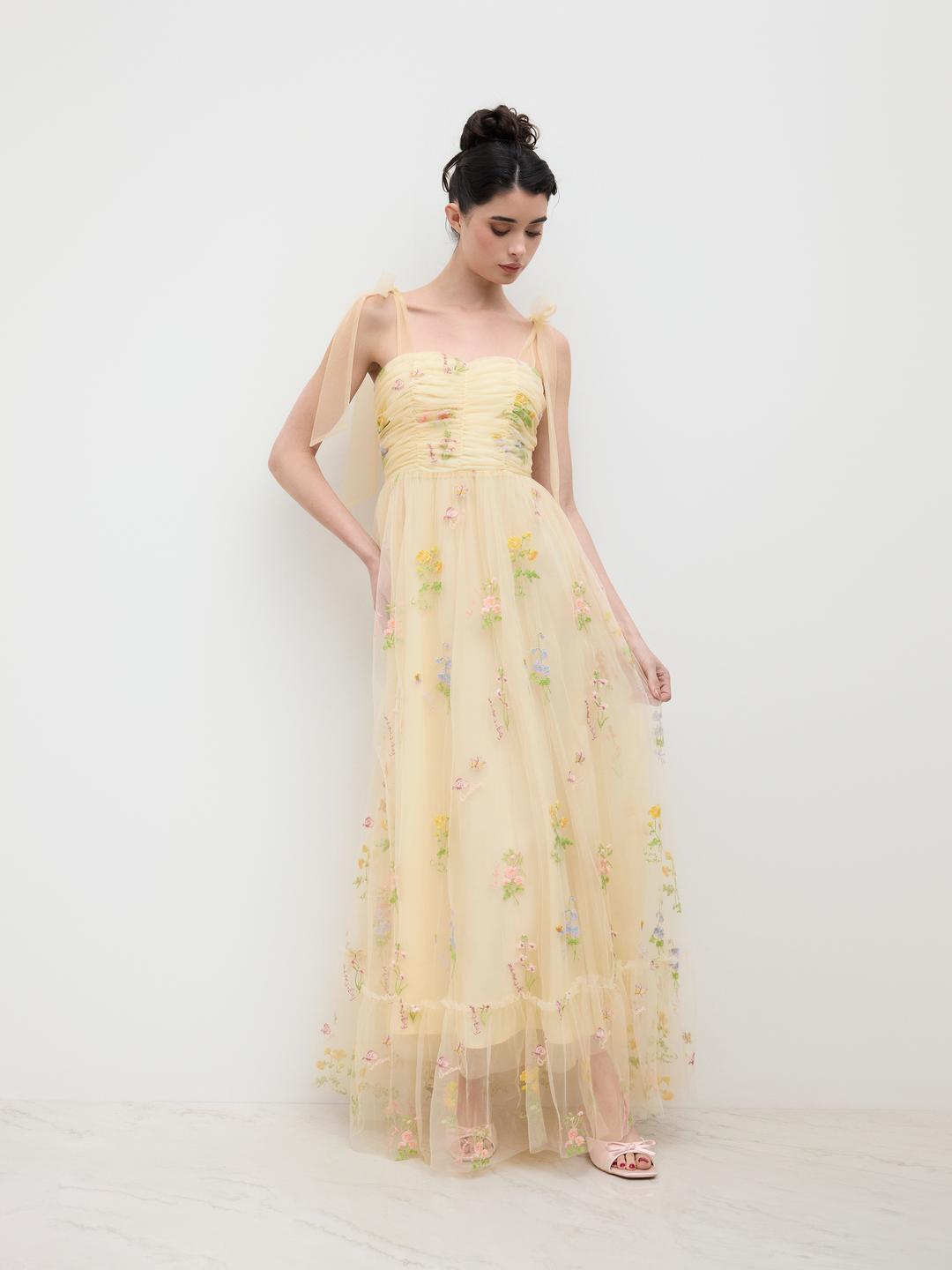 Mesh Square Neck Embroidery Floral Knotted Maxi Dress