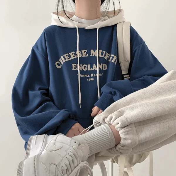 [루즈핏/캐주얼] 치즈머핏 배색 프린팅 루즈핏 후드티 [3color]