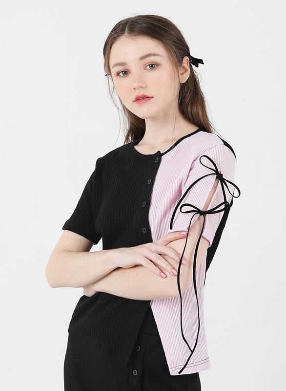 트임 리본 배색 반팔 티셔츠 핑크