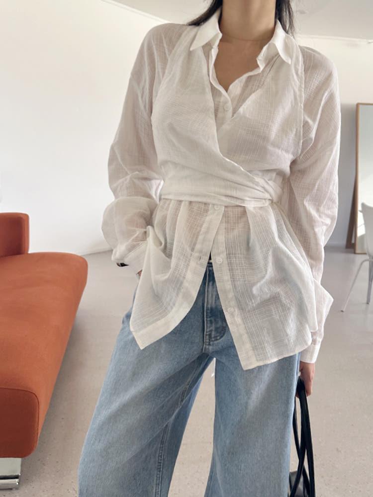 사각 체크 패턴 시스루 하늘하늘 코튼 블라우스 셔츠 뷔스티에 세트