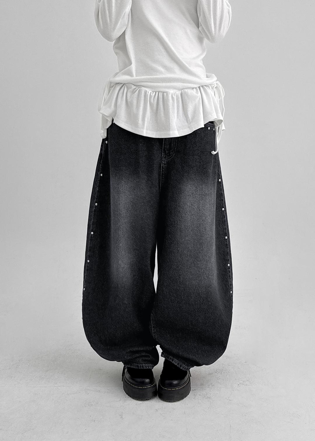 롭픈 스터드 벌룬 와이드 데님팬츠