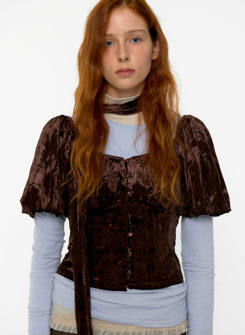 Velvet Tie Puff Blouse (Brown)