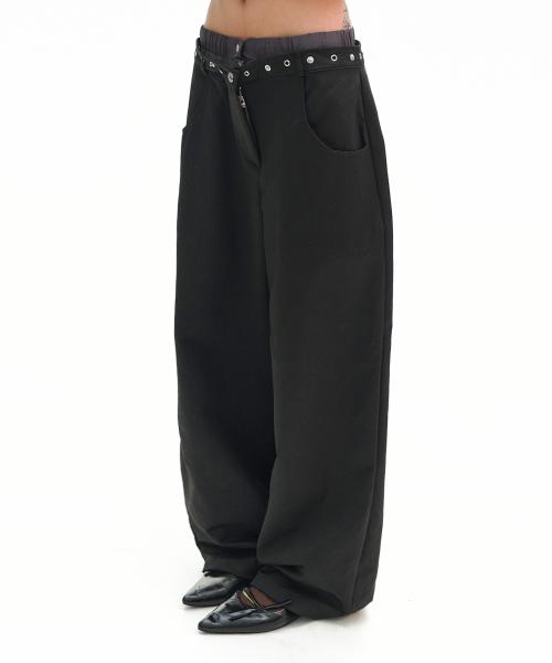 아일렛 포인트 트렁크 레이어드 새깅 와이드 히든 스트링 팬츠 [블랙]