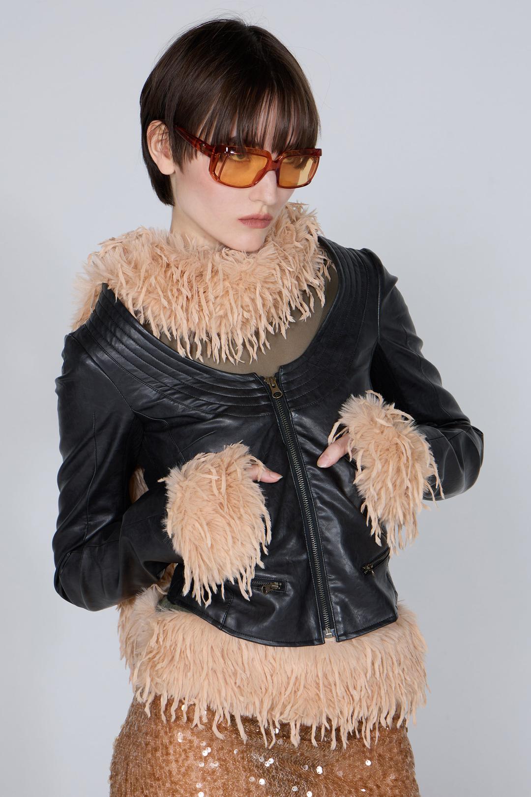 Portrait Neck Faux Leather Jacket Black